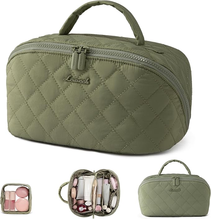 LOVEVOOK Travel Makeup Bag for Women, 2Pcs Puffer Waterproof Cosmetic Organizer, Large Capacity Pouch Open Flat Small Toiletry Bag with Brush Compartment & Handle (Green, Medium) by LOVEVOOK