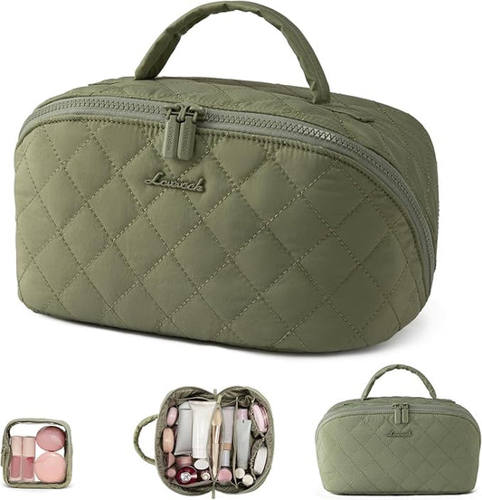 LOVEVOOK Travel Makeup Bag for Women, 2Pcs Puffer Waterproof Cosmetic Organizer, Large Capacity Pouch Open Flat Small Toiletry Bag with Brush Compartment & Handle (Green, Medium) by LOVEVOOK