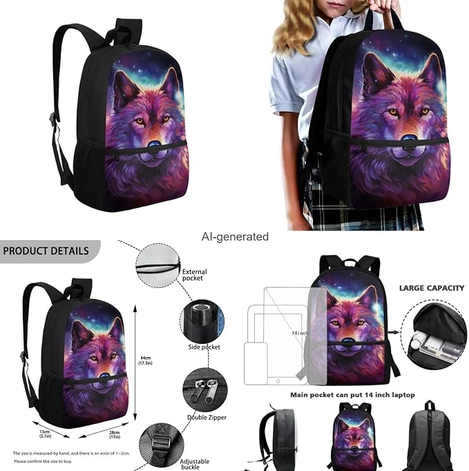 Galaxy Wolf Backpack for Girls Kids Backpack with Lunch Box Water Bottle Carrier with Strap and Pencil Case 4PCS Set Bookbag with Front Pocket for School 17 inch Large Elementary School Bag - Image 3