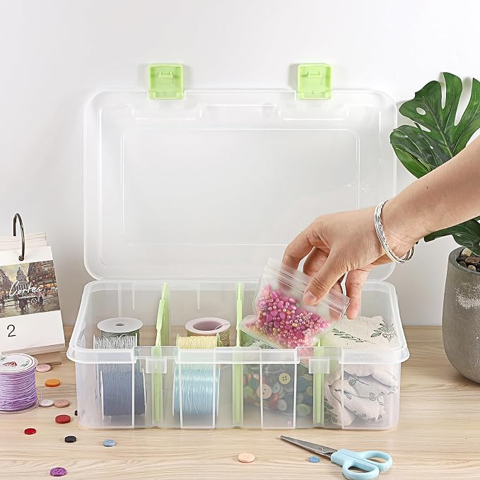 BTSKY Clear Plastic Dividing Storage Box with 4 Compartments Adjustable Storage Bin with Lid Plastic Craft Storage Container Multipurpose Sewing Box Art Supply Organizer, 13.3x8.1x3.4 Inches, Green - Image 6