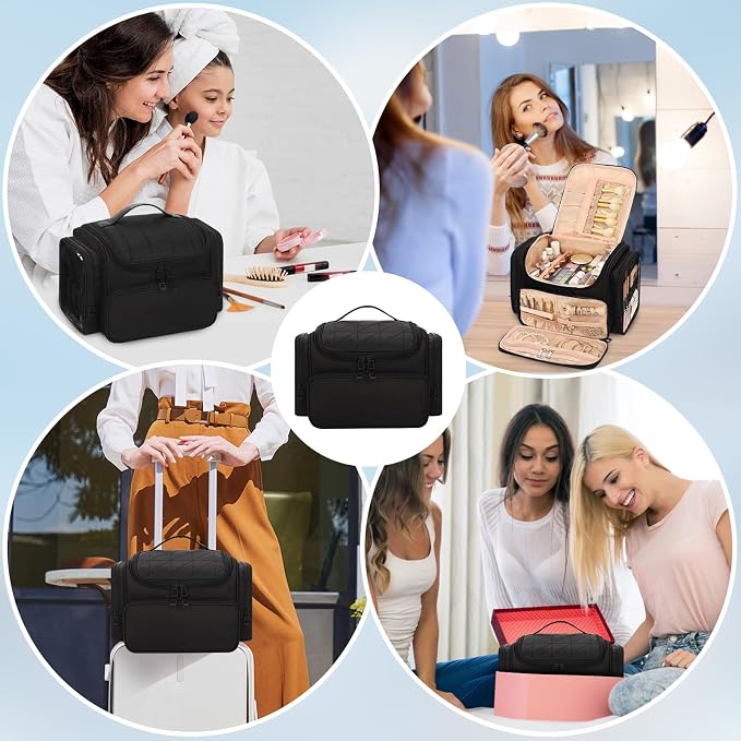 Large Makeup Bag with Jewelry Organizer, Travel Toiletry Bag for Women Girls with Makeup Brush Compartment & Two Side Pockets - XL Black - Image 7