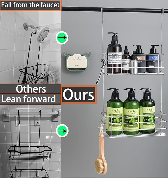 Hanging Shower Rack Shower Caddy with Rotatable Hook bar Over the Door and Can be Hung on the Faucet or Claw Foot, 304 Stainless Steel Rust Proof and Durable (Double-Layer) - Image 3
