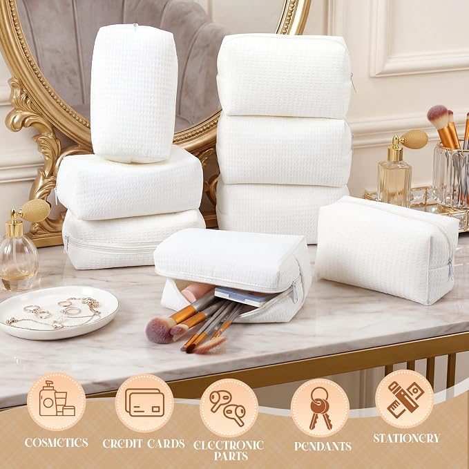 Gilprop 8 Pcs Holiday Gifts for Women Cozy Makeup Bag Portable Travel Waffle Toiletry Bag Soft Wedding Makeup Organizer Large Pouch with Zipper for Bridesmaid Friend (White) - Image 3