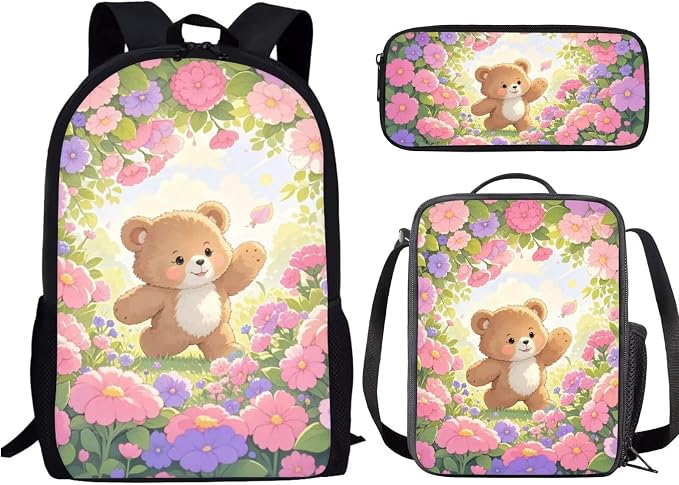 Forchrinse Bear Backpack with Lunchbox and Pencil Pouch Primary School Student Backpack Lunch Bag for Girls 6-8 Years Old 3 Piece Cute Back to School Bookbag/Lunch Box Set by Forchrinse