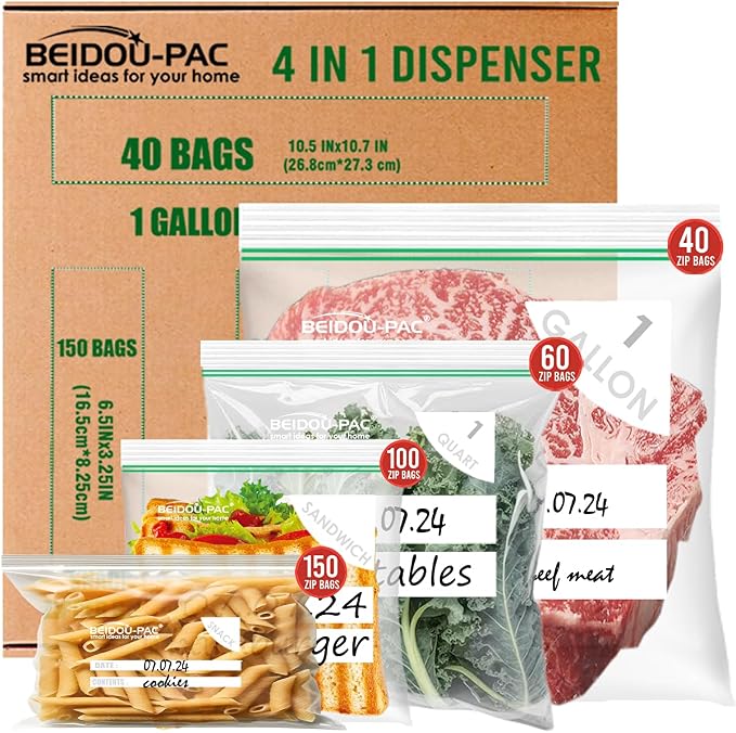 BEIDOU-PAC Combo Storage Zip Bags 350 Count, Resealable Variety Pack With Organizer, Reclosable Clear Plastic Snack, Sandwich, Quart, Gallon Assorted Size Bags by BEIDOU-PAC