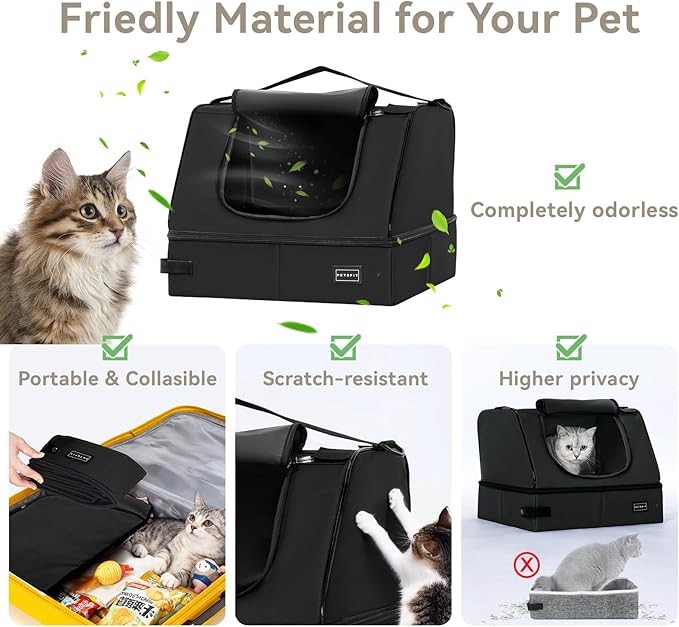 PETSFIT Portable Travel Cat Litter Box – Collapsible, 2-Layer Leak-Proof Washable Liner with Sturdy Support Frame, for Hotel/Car/Camping, Cat Travel Essentials for Kitty/Medium Cats Solid Black - Image 5