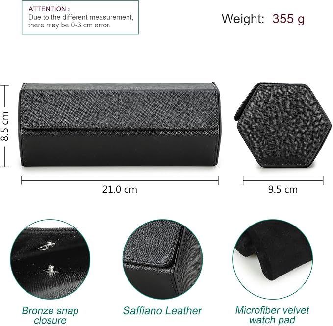 Hiram Genuine Leather Hexagon Watch Roll Travel Case, Leather 3-Watches Roll Case with Removable Pillow Cushion for Treasured Watches and Bracelets -Black - Image 3