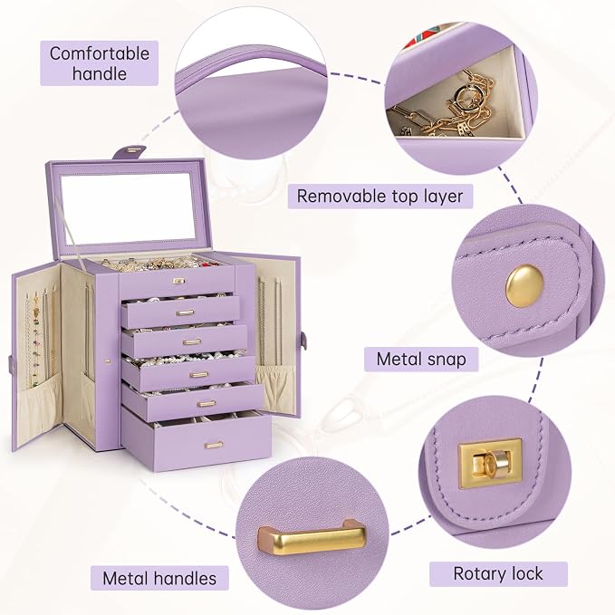 AKOZLIN 6-Tier Jewelry Box Organizer Functional 5 Drawers Leather Jewelry Storage Case for Women Girls Ring Necklace Earring Bracelet Holder Organizer with Mirror Extra Large Violet - Image 4