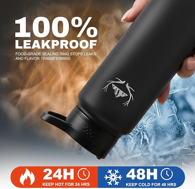 NATURE PIONEOR 24 oz Insulated Water Bottle with Carrier Bag & 3 Lids | 18/8 Food-grade Stainless Steel, Double Vacuum Insulation, 3 Leak-proof Lids, Strap, Camping, Hiking, Gym, Work - Image 3