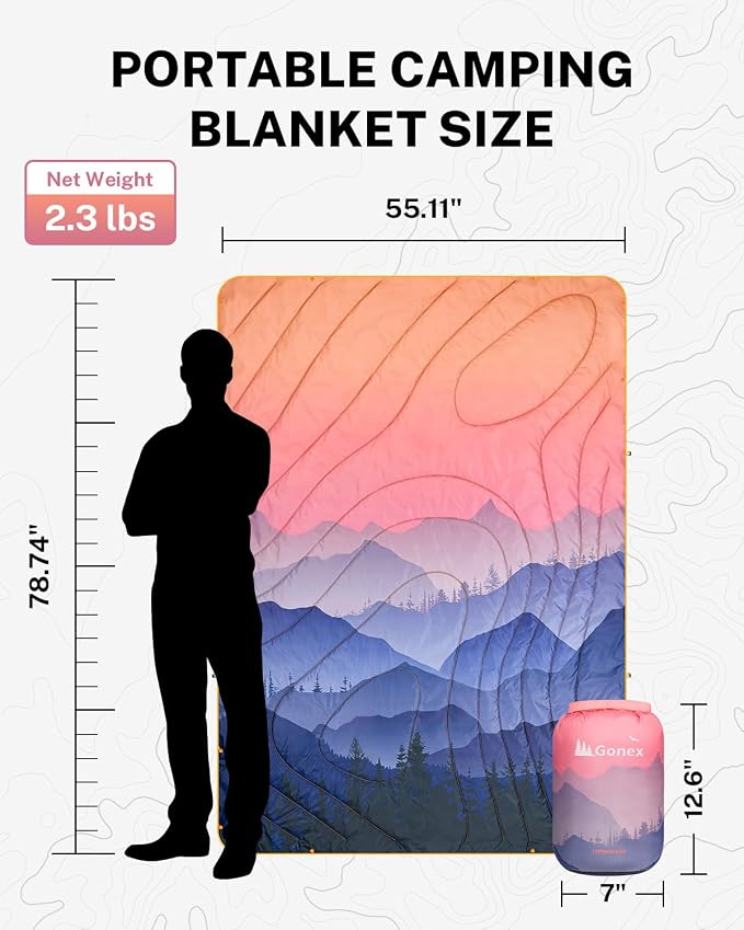 Gonex Camping Blanket with Aero-Warmth Breathable Layer - Puffy Printed Packable Blanket, Ultralight Wearable Water-Resistant Quilt, 79" X 55" for Camping, Beach, Hiking, Travel, Picnics(Sunset) - Image 5