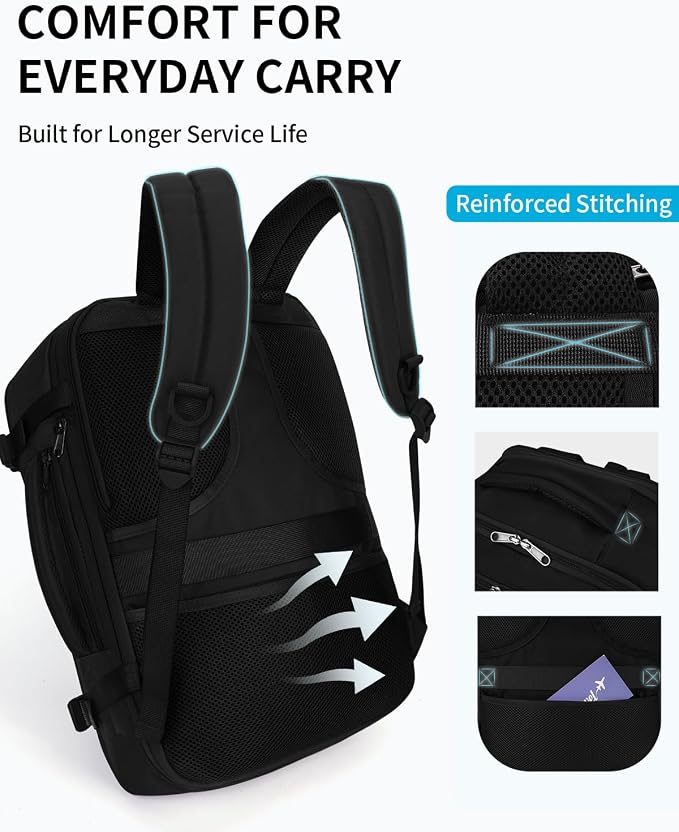 ECOHUB 17" Small Unisex Travel Backpack United Airline Approved 17x10x9 Friendly Suitcase Anti-Theft Lockable Zippers Style Personal Item Bag Travel Essentials with 12 Pockets Water Resistant, Black - Image 8