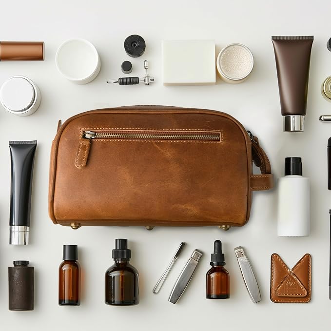 LEATHER VILLAGE Genuine Leather Toiletry Travel Bag With Waterproof Lining - Sun Tan | King-Size Handcrafted Vintage Dopp Kit Bag, Shaving & Bathroom Organizer, Gift for Men & Women - Image 6
