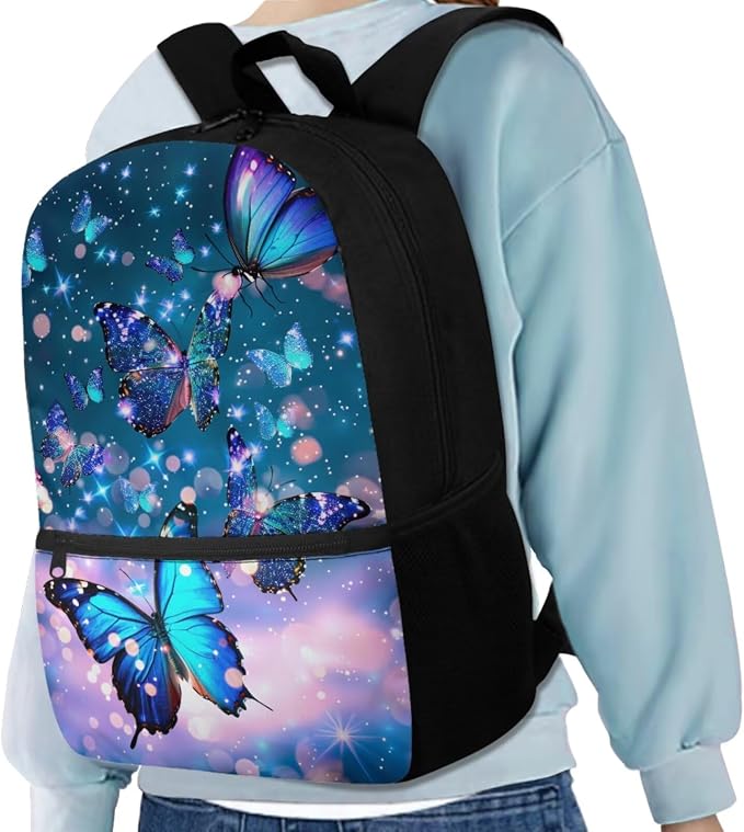 Butterfly Backpack for Girls Kids Backpack with Lunch Box Water Bottle Carrier with Strap and Aesthetic Pencil Case 4PCS Set Bookbag with Front Pocket for School Teens 17 inch Large School Bag - Image 2
