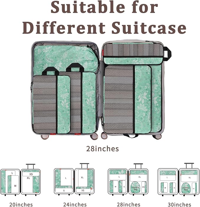 U+U 6 Set Compression Packing Cubes - Ultralight Travel Organizers with Laundry Bag, Space-Saving Suitcase Organizer, Expandable Packing Cubes for Travel, Business Trip and Vacation (Green Paisley) - Image 6