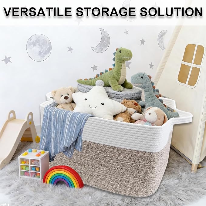 65L Collapsible Woven Rope Laundry Basket with Handles-White/Brown | 21x16x12 Foldable Rectangular Blanket Basket for Toys, Clothes & Pillows,Ideal for Nursery, Bathroom, Bedroom, Living Room - Image 8