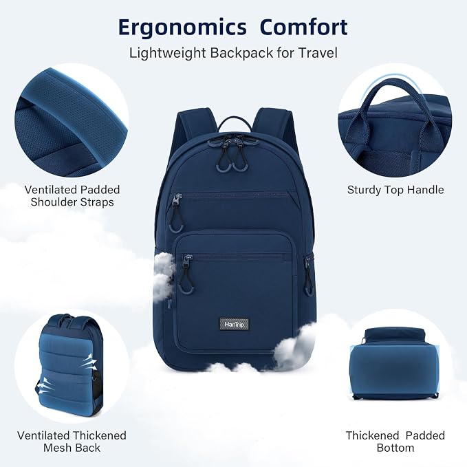 HanTrip Carry On Travel Backpack For Women, 18 Inch Water Resistant Large Backpack Lightweight Bookbag For Men, 8x14x18 Personal Item Bag Casual Daypack Backpacks For Work Office Commuter (Navy Blue) - Image 5