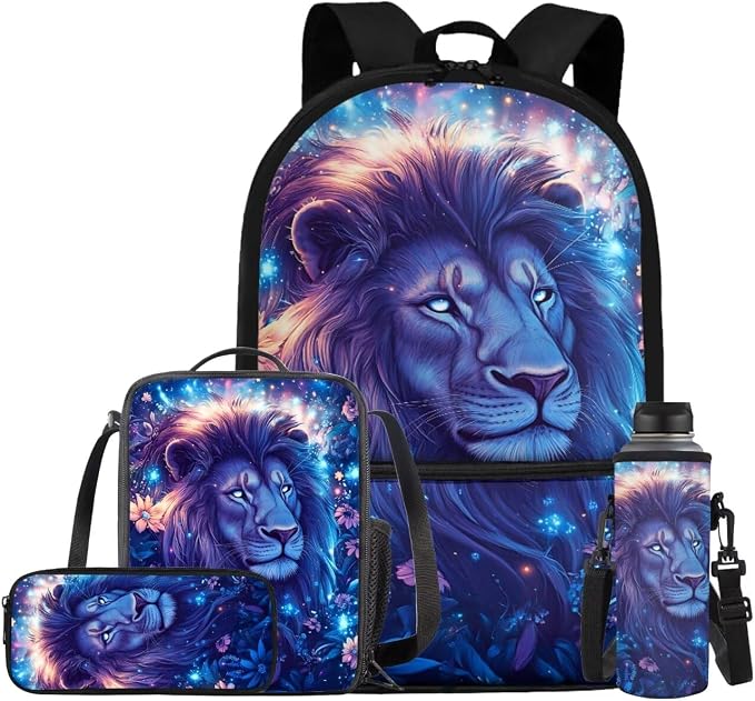 Aesthetic Lion Backpack for Kids Boys Backpack with Lunch Box Water Bottle Holder and Soft Pencil Case 4PCS Set Lightweight Bookbag with Front Pocket for School 17 inch Sturdy School Bag by ELEDIZI