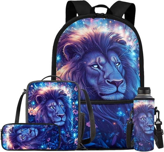 Aesthetic Lion Backpack for Kids Boys Backpack with Lunch Box Water Bottle Holder and Soft Pencil Case 4PCS Set Lightweight Bookbag with Front Pocket for School 17 inch Sturdy School Bag by ELEDIZI