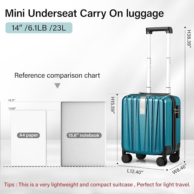 Hanke 14 Inch Underseat Carry On Luggage with Wheels Hard Shell Suitcases Carry On Bag Lightweight Small Mini Suitcase Tsa Luggage for Travel. Caribbean Blue. - Image 2