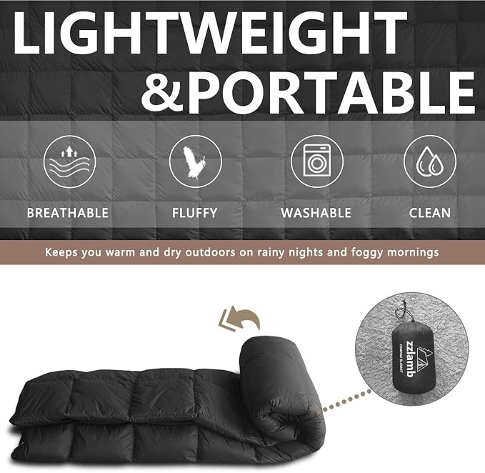 zzlamb Puffy Down Camping Blanket Water-Repellent, Down Throw Travel Blanket Portable for Outdoor, Light Warm Quilt for Couch Plane Car Theater Stadium Picnic RV Backpacking Hammock - Image 5