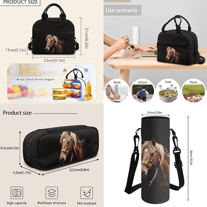 Horse Animal Kids Backpack with Lunch Box Pencil Bag Bottle Carrier Bag Sling Bags 4 Pcs Cute 3D Horse Fashion Backpack Sets for Boy Girl Middle School Primary Student Bookbag - Image 5
