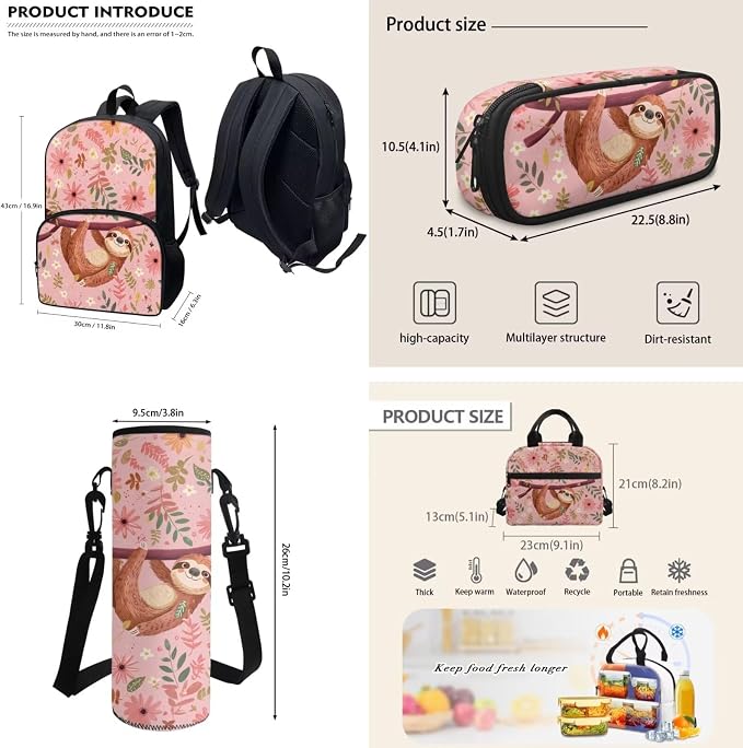 4 Pcs Sloth Schoolbag Set Cute Sloth Backpack School Bag Set with Large Pencil Holder Pouch Crossbody Water Bottle Holder Bag Insulated Lunch Box Student Girls Back to School Gift - Image 3
