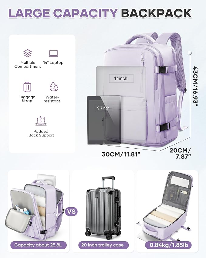 WONHOX Large Travel Backpack Women, Carry On Backpack,Hiking Laptop Backpack Waterproof Outdoor Sports Rucksack Casual Daypack (Purple) - Image 5