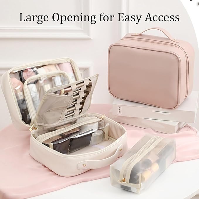 Multi-Compartment Toiletry Cosmetics Bag, Portable & Large Capacity Makeup Bag with Compartments, multi compartment toiletry Bag for Travel (Pink) - Image 2