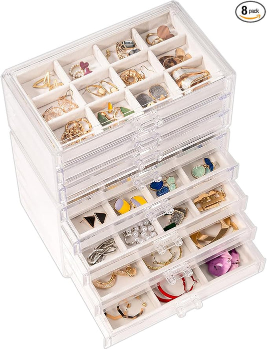 ProCase Earring Holder Organizer Jewelry Box with 8 Drawers, Acrylic Clear Earring Case with Adjustable Velvet Trays for Women - Warmwhite,8 Layers by ProCase