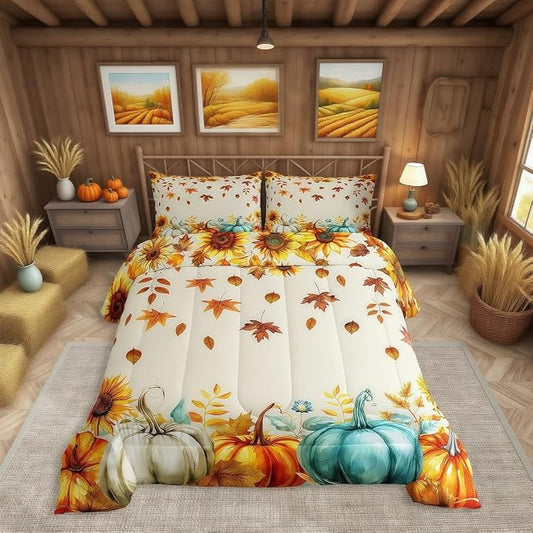 Fall Pumpkin Bedding Set For Home Full Thanksgiving Harvest Season Fruit Decor Comforter Set Autumn Fall Maple Leaf Quilt Comforter for Kids Teen Adults,Rustic Farm Sunflower Bed Sets 2 Pillow Cases by Erosebridal