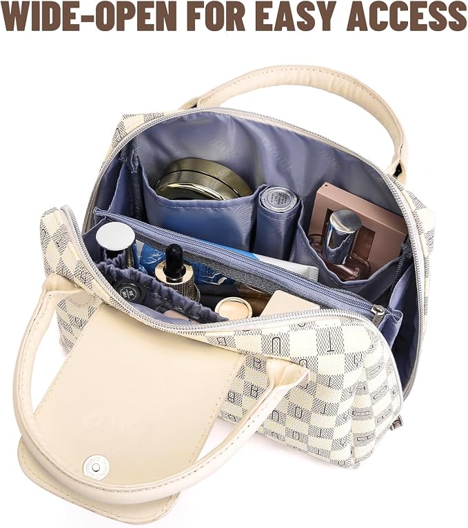 BOYATU Checkered Makeup Bag Organizer with Handle: Large Travel Cosmetic Bag Holds 10+ 100ml Full-Size Bottles for Date & Trip - Waterproof Leather Toiletry Pouch 3-sec Touch-up for Chic Woman(White) - Image 4