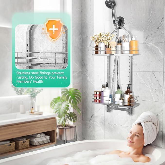Shower Caddy Hanging for Handheld Showerheads Adjustable Hagging Shower Caddy, Stainless Steel Hose Hanging Shower Organizer 4 Levels Height Shower Rack (Sliver) - Image 4
