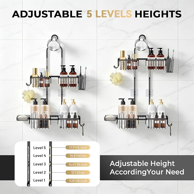 Adjustable Hanging Shower Caddy for Handheld Showerhead, Rustproof Aluminum Over Shower Head Organizer, Renter-Friendly No-Swing Storage for Tall Bottles & Soap, 2-Tier, Black - Image 5