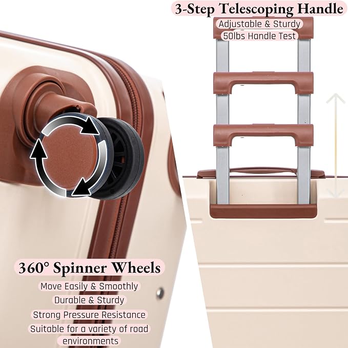 3-Piece ABS Spinner Luggage Set (20" 24" 28") with Combination Lock, Matching Hardshell Suitcases, Beige - Image 4