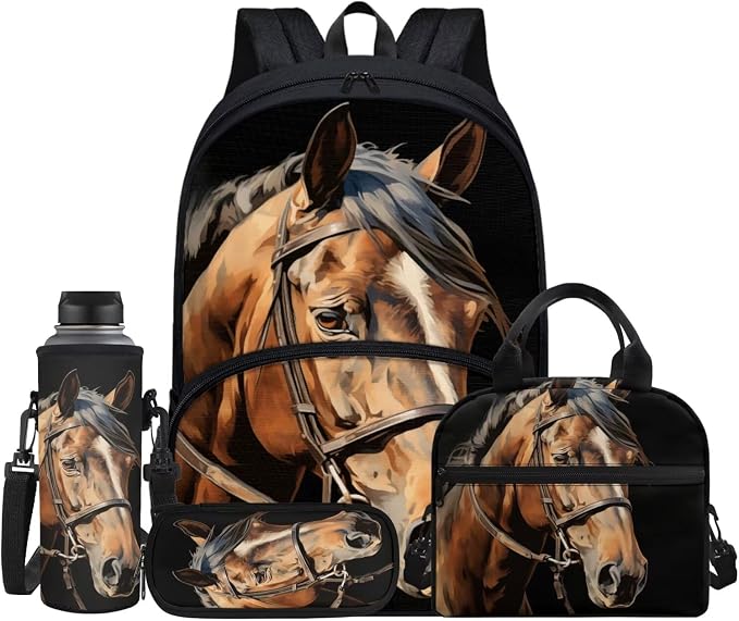 Boys Brown Horse Black School Backpack for Girls Schoolbag Book Daypack Knapsack Rucksack Lunch Bags Pen Pencil Case Protective Water Bottle Cup Holder Cover Stationery Bag by Jndtueit