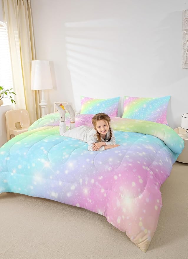 Erosebridal Rainbow Bedding Set for Kids Girls Teens Women Tie Dye Pastel Comforter Set King Size Golden Stars Glitter Bedding Comforter Set Watercolor Art Girly Quilt Set Sweet Bedroom Decor 3 Piece - Image 4