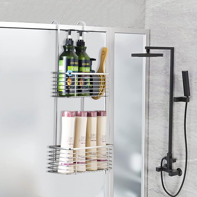 YQh Stainless steel double-layer shower rack, shower room hanging bathroom organizer, storage rack installed on the hanging bar or door, can store shampoo, hair conditioner, shower gel - Image 3
