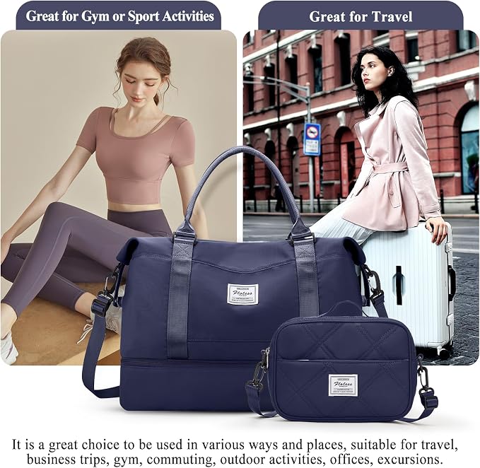 Weekender Bags for Women,Personal Item Travel Bag with Shoes Compartment,Overnight Travel Duffel Bag with Quilted Toiletry Bag,Dark Blue - Image 6