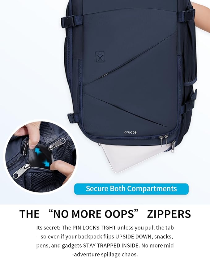ECOHUB 17" Small Unisex Travel Backpack United Airlines Approved 17x10x9 Friendly Suitcase Anti-Theft Lockable Zippers Style Personal Item Bag Travel Essentials with 12 Pockets Water Resistant, Blue - Image 5
