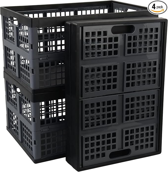 4-Pack 42 Liters Collapsible Storage Crate, Plastic Folding Crates | Durable Stackable Organizer Basket for Pantry, Garage, Car, Office, Home by Ucake