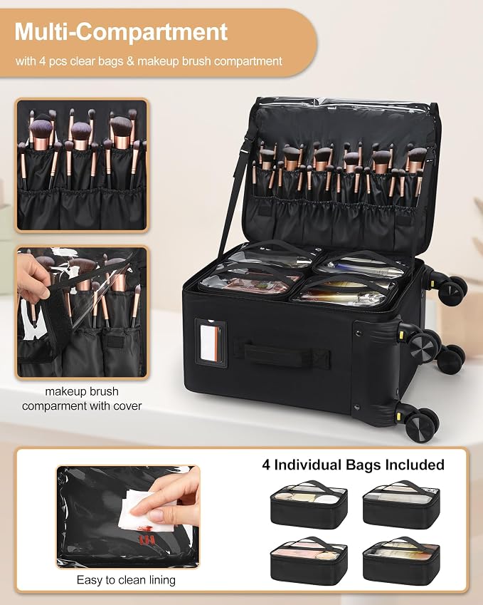 Relavel Rolling Makeup Case, Extra Large Makeup Train Case Cosmetology Case on Wheels Professional Makeup Artist Bag Cosmetic Brush Organizer Box with 4 Clear Set Bags, 360° Spinner Wheels, Black - Image 3