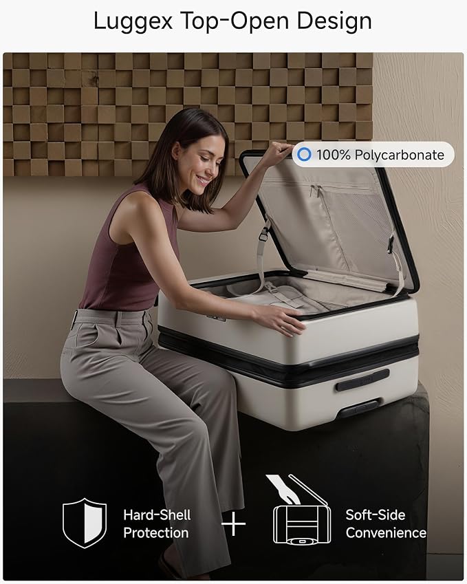LUGGEX Checked Suitcase Top Opening, Expandable Polycarbonate Hard Shell Suitcase with Wheels (FX-Core, Beige, Bigger 28 Inch, 105L-115L) - Image 3