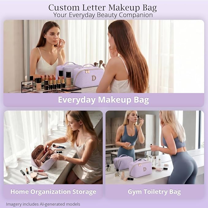 Personalized Gift Travel Makeup Bag: Initial Makeup Organizer Bag for Women | 3-in-1 Custom Make up Bag Set - Vegan Leather Travel Cosmetic Bag - Luxury Gift for Women – Birthday, Anniversary, Graduation - Image 9