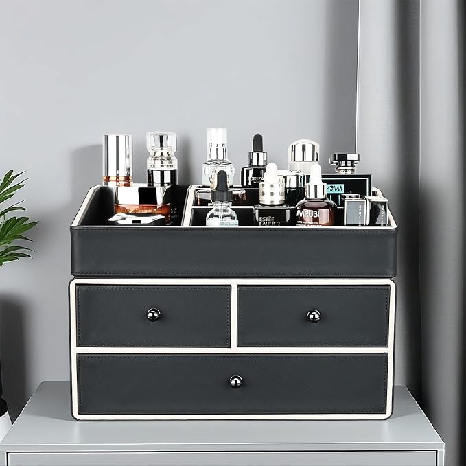 KINGFOM 2 Tier PU Leather Makeup Organizer with 3 Drawers, Cosmetic Storage Organizers for vanity Dresser Countertop and Bathroom Vanity, Beauty Holder for Lipstick Brush Skincare (Black) - Image 9