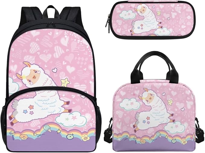3Pcs Cute Alpaca Pink Backpacks Sets for Girls, Kids Backpack School Bookbags with Insulated Lunch Box Pencil Case for School Elementary Girl by CndexdWearfunPrintjoy