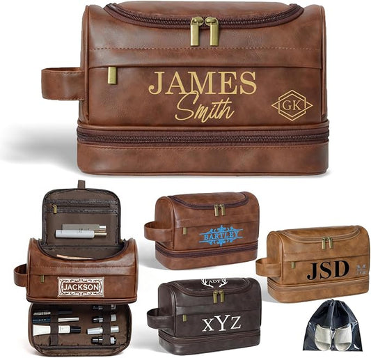 Personalized Toiletry Bag For Men, Large Capacity Travel Doop Kit, Vintage Color PU Leather, Custom Name Initials, Gifts for Dad, Husband, Boyfriend, Groomsmen, Birthday (Style 5) by BLEGGEITProfessionalHandmadeStudio