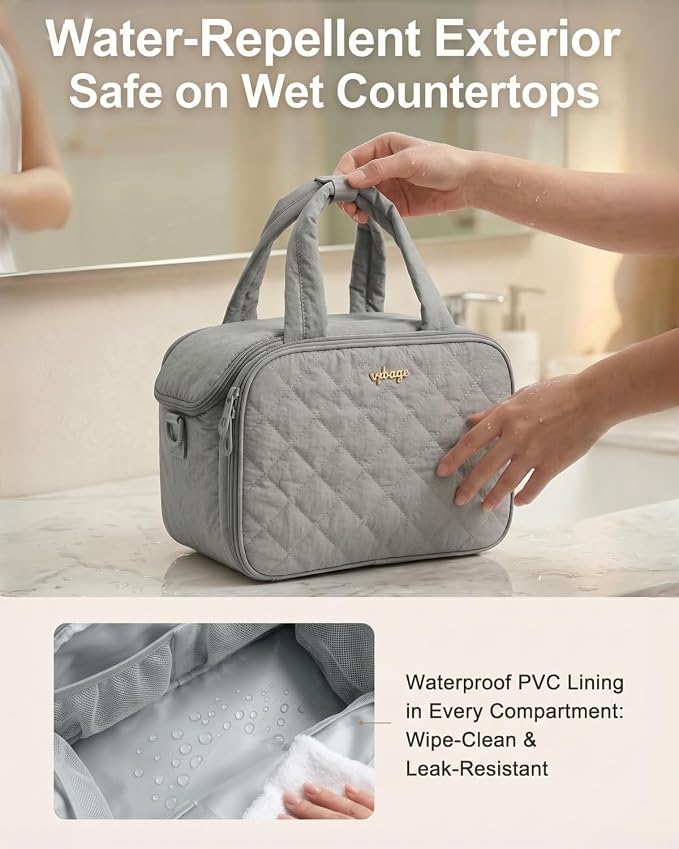 VPBAGE Large Quilted Toiletry Bag for Women, Puffy Travel Makeup Organizer with Removable Divider & Shoulder Strap, Waterproof Standing Cosmetic Case for Full-Size Toiletries, Gym, Vacation - Image 4