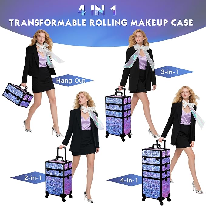 Stagiant Rolling Makeup Case Cosmetology Case on Wheels 4 in 1 Makeup Travel Case Extra Large Cosmetic Box with Key Make Up Artist Traveling Storage Nail Case Salon Barber Cart Trunk Shiny Purple - Image 4