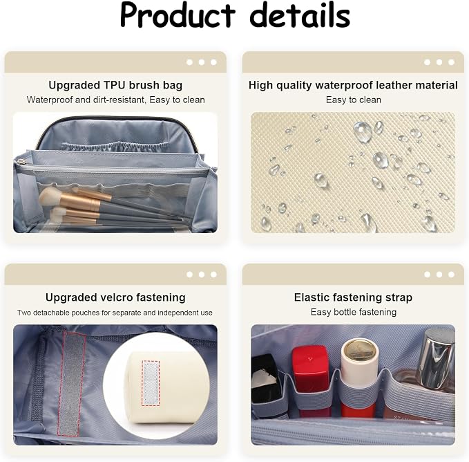 BOYATU Travel Makeup Bag Organizer Cosmetic Bag: 3 Pcs Set Make up Bags for Women with Handle - Waterproof Vegan Leather Toiletry Bags Travel Essentials Pouch with Compartments (C-04-White) - Image 5