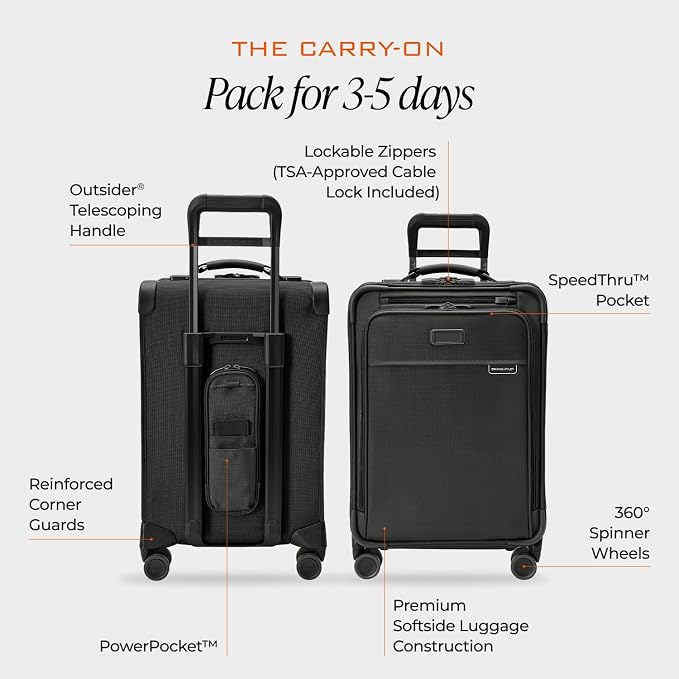 Briggs & Riley Essential 22" Carry On Expandable Spinner - Luggage for Travel, Suitcases with Wheels, Softside Rolling Bag for Men & Women, Self-Repairing Zipper - Baseline Collection, Black - Image 3